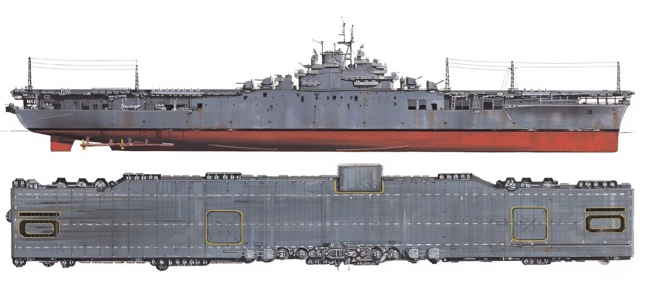 Yorktown (CV-10) trong hình dạng điển hình của các tàu lớp Essex đầu tiên. Nhìn từ mạn phải, có thể thấy bộ radar đời đầu, gồm ăng-ten SK ở phần trước bệ radar, và ăng-ten SC-2 trên giàn bên mạn phải ống khói. Radar SG được đặt trên đỉnh cột buồm, và một bệ radar nhỏ khác dành cho radar SG thứ hai ở phần sau ống khói. Trong giai đoạn này, Yorktown mang 12 pháo 5 inch/38 cal, 10 cụm pháo bốn nòng 40mm, và 23 pháo một nòng 20mm.
