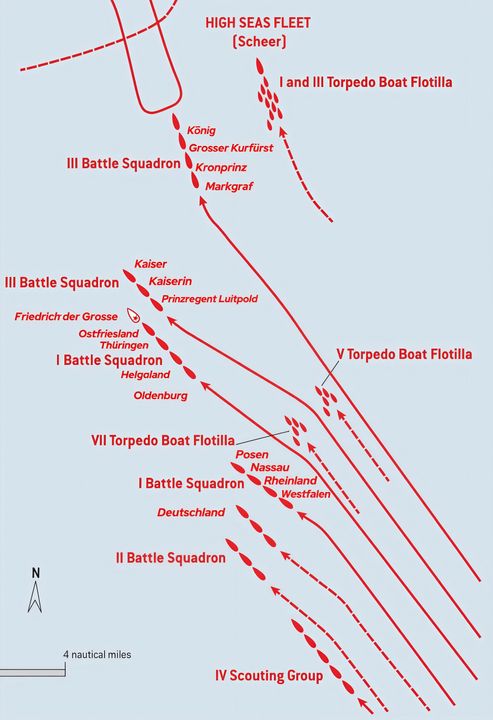 Toàn bộ hạm đội thiết giáp hạm của Hạm đội Biển khơi Đức với 6 hàng thiết giáp hạm vào lúc 17 giờ đã đến hỗ trợ lực lượng thiết giáp tuần dương của Hipper, đồng thời cũng tiến hành truy kích lực lượng Anh. và dội hỏa lực vào Hải đoàn thiết giáp hạm số 5 của Anh.