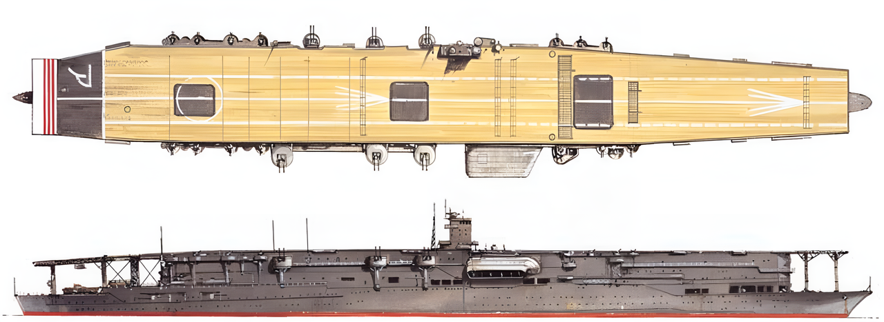  Akagi vào thời điểm bắt đầu Chiến tranh Thái Bình Dương. Chú ý phần đảo nhỏ nằm ở mạn trái – đây là một trong chỉ hai trường hợp tàu sân bay không bố trí đảo chỉ huy ở mạn phải (cùng với tàu sân bay Hiryu). Sàn bay của con tàu có phần hơi nghiêng về phía sau và con tàu có ba tháng nâng sau khi trải qua đợt tái thiết. Ở phần sàn bay gần đuôi tàu có in chữ katakana "ア". 