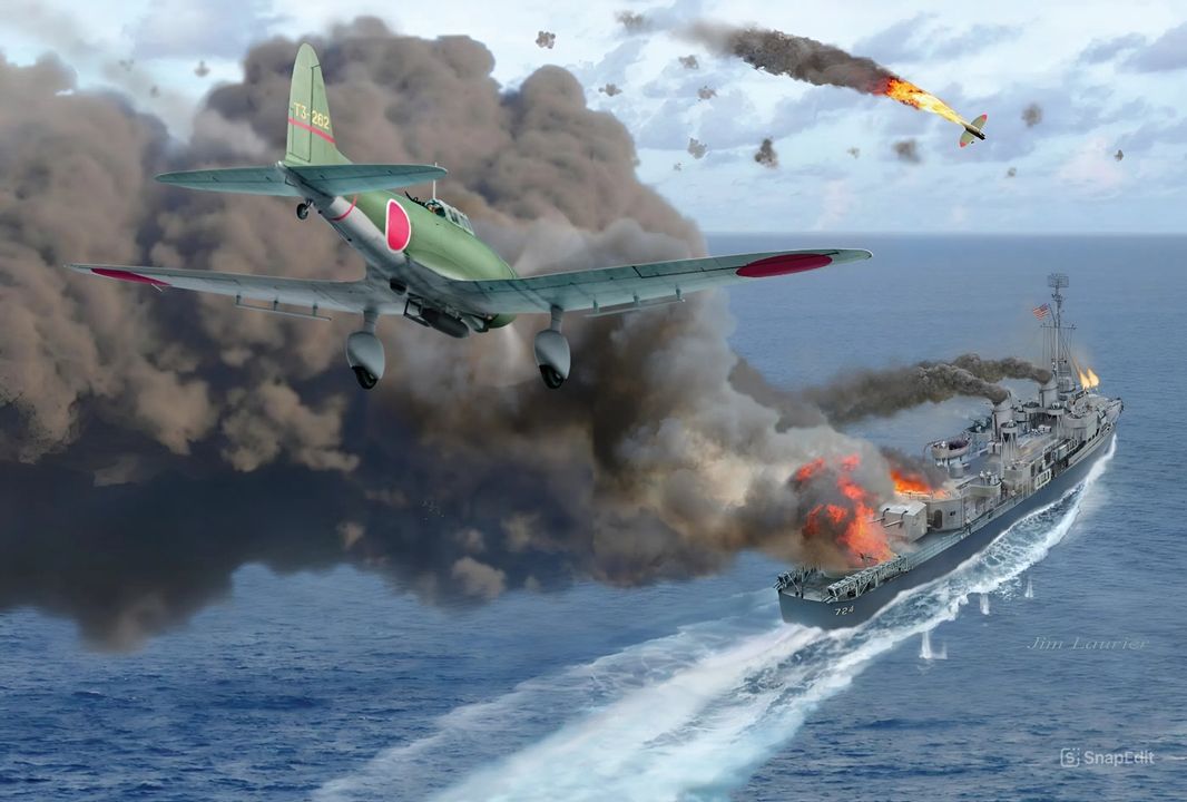 Tàu khu trục lớp Allen M. Sumner USS Laffey (DD-724) được minh họa tại đây khi đang hứng chịu đợt tấn công kamikaze dữ dội nhất trong toàn bộ cuộc chiến. Ngày 16 tháng 4 năm 1945, tàu khu trục này đang trực tại Trạm Cảnh giới Radar số 1 thì bị tấn công bởi một bộ phận lớn trong tổng số 165 máy bay cảm tử được Không quân Hải quân Nhật Bản (IJNAF) và Không quân Lục quân Nhật Bản (JAAF) tung ra trong chiến dịch Kikusui số 3. Trong hơn hai giờ kể từ 07 giờ 44 phút, con tàu trở thành mục tiêu của ít nhất 23 máy bay cảm tử, với xạ thủ trên tàu tuyên bố đã bắn rơi ba chiếc D3A “Val”, một chiếc D4Y “Judy” và một chiếc Ki-43 “Oscar”. Tuy nhiên, Laffey vẫn bị trúng sáu lần và sượt qua hai lần, với ba quả bom phát nổ ngay trên tàu cùng hai quả khác nổ sượt gần. Mặc dù hứng chịu trận đòn nặng nề như vậy, hệ thống động lực của Laffey vẫn duy trì hoạt động và con tàu vẫn có thể cơ động dù bánh lái đã hư hỏng. Xét đến quy mô cuộc tấn công, thương vong trên tàu tương đối vừa phải – 31 người chết và 72 người bị thương. Laffey sau đó trở về Hoa Kỳ để sửa chữa, và sau đó tiếp tục phục vụ trong hạm đội thêm 30 năm nữa. (Tranh của Jim Laurier)