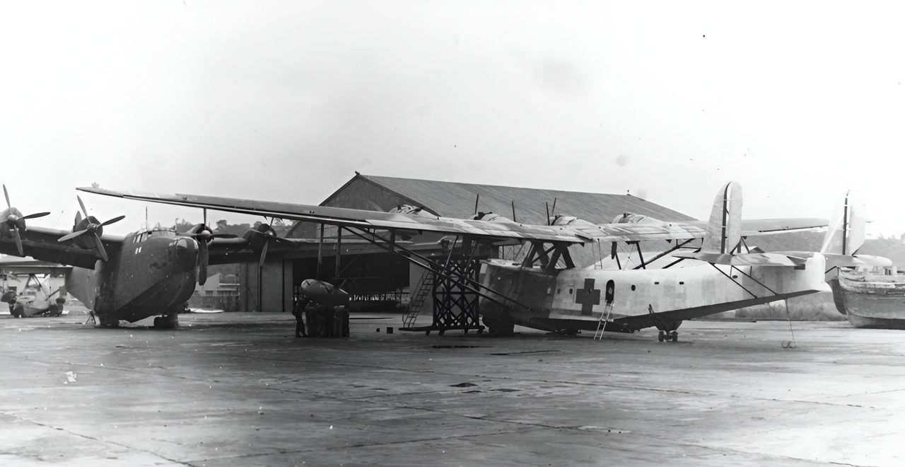 Sau khi chiến tranh kết thúc, một chiếc Type 97 phiên bản vận tải đậu tại căn cứ Dai Nippon Koku ở Yokohama, đối diện với một chiếc H8K. Chiếc “Mavis” này đã được sơn lại theo quy chuẩn đầu hàng, gồm toàn thân màu trắng với các dấu thập màu xanh lá cây. (GAF_image_804_1, MoF)