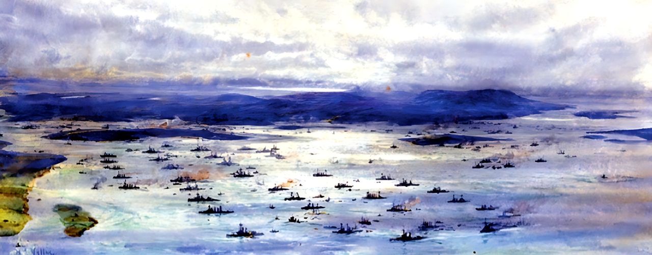 Đại Hạm đội tại neo ở Scapa Flow, nhìn từ hướng bắc. Hạm đội thiết giáp hạm của hạm đội nằm trong khu neo chính ngoài khơi đảo Flotta (bên trái), với đảo nhỏ Calf of Flotta ở góc dưới bên trái. Phía sau là các đảo nhỏ Fara và Cava, xa hơn nữa là đảo lớn và hiểm trở Hoy. (tranh màu nước của William L. Wyllie)