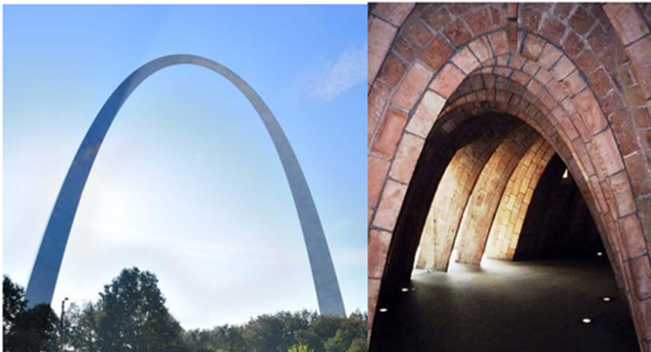 Gateway Arch (trái) và những vòm trong trường Đại học Oxford (phái). Đó là những hình có dạng catenary úp ngược.