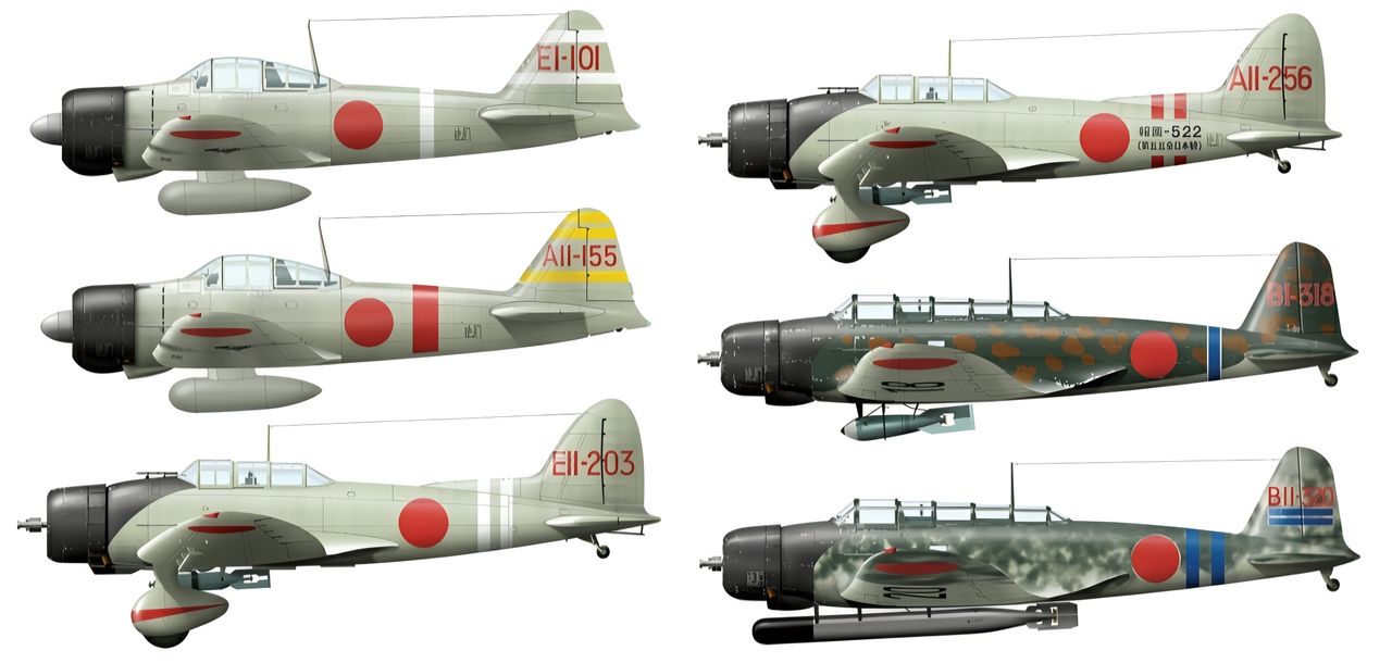 Hình vẽ trên cùng là một chiếc Zero thuộc tàu sân bay Shokaku (ký hiệu EI); hình thứ hai là chiếc Zero do Thiếu tá Itaya Shigeru thuộc tàu sân bay Akagi (ký hiệu AII) điều khiển, người chỉ huy toàn bộ lực lượng tiêm kích của đợt tấn công thứ nhất. Hình dưới cùng là một chiếc Type 99 thuộc tàu sân bay Zuikaku (ký hiệu EII). Hình vẽ trên cùng ở đoạn tiếp theo mô tả một chiếc Type 99 thuộc tàu sân bay Kaga (ký hiệu AII). Chiếc máy bay ở giữa thuộc tàu sân bay Soryu (ký hiệu BI) và mang quả bom xuyên giáp đặc biệt nặng 1.764 pound, được sử dụng để tấn công khu vực dãy thiết giáp hạm. Chiếc máy bay ở dưới cùng thuộc tàu sân bay Hiryu (ký hiệu BII) và mang một quả ngư lôi Type 91.