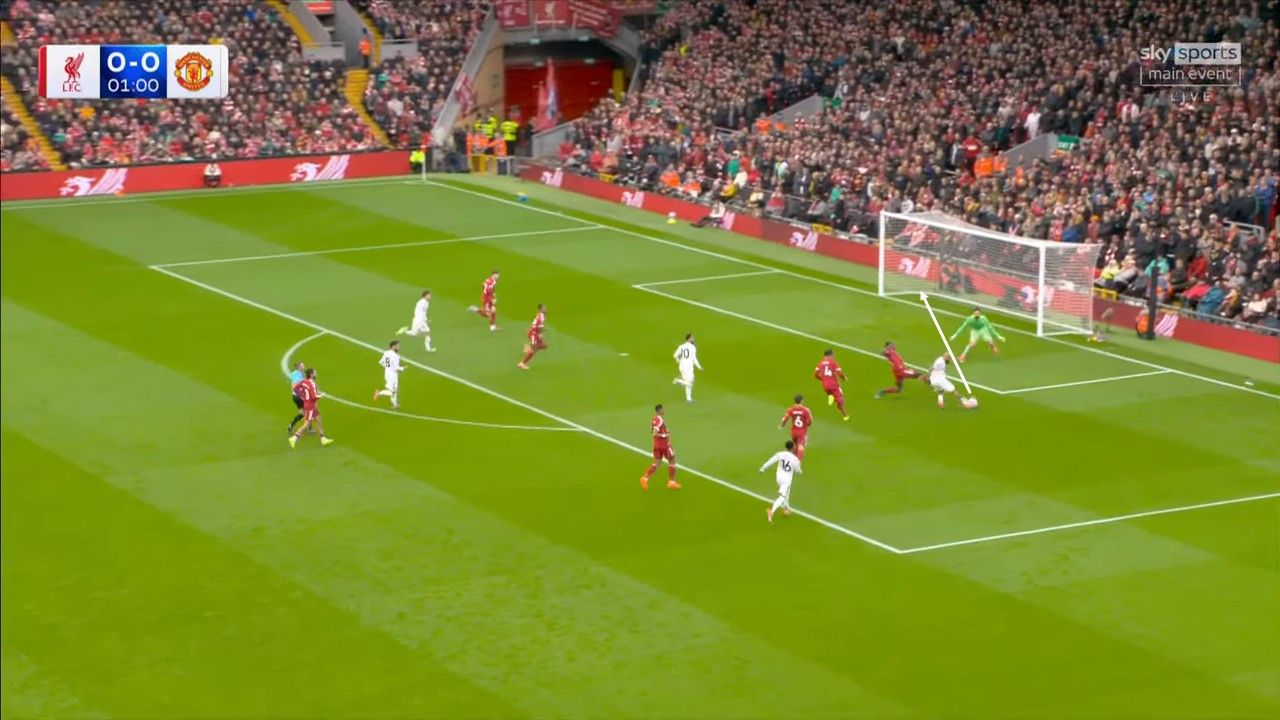 Tiền đạo người Cameroon dẫn bóng tới trước khung thành và tung ra cú dứt điểm xuất sắc bằng chân không thuận. Tỷ số 1-0 mở ra cho Manchester United.