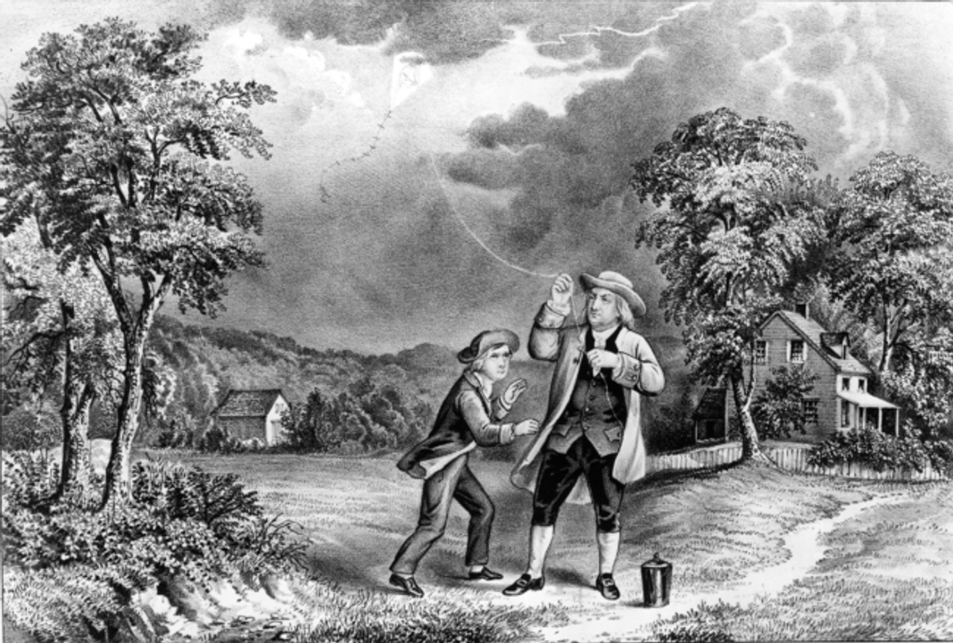 Bản in thạch bản của Currier & Ives minh họa thí nghiệm năm 1752 của Benjamin Franklin chứng minh rằng sét là một hiện tượng điện. (Ảnh: MPI/Getty Images)