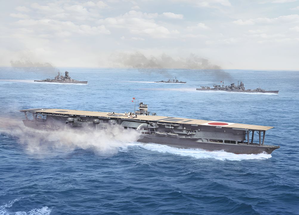 Soái hạm của Lực lượng Tấn công số Một (Kido Butai số 1) và là nơi Nagumo chỉ huy trong trận Midway là tàu sân bay Akagi. Akagi vốn là một thiết giáp tuần dương hạm được cải tạo, do đó Akagi có thể đạt tốc độ tối đa trên 31 hải lý/giờ, được bảo vệ tốt, và sau đợt tái cấu trúc lớn trong năm 1935–1938 có thể mang tối đa 91 máy bay. Đến khi chiến tranh bùng nổ, Akagi thường mang theo 63 máy bay chiến đấu. Ngoài số máy bay hoạt động chính thức, các tàu sân bay Nhật còn mang theo máy bay dự bị; Akagi chứa máy bay dự bị ở boong chứa máy bay ở bên dưới, nhưng trong chiến dịch Midway thì không có máy bay dự bị nào được mang theo. Vũ khí trang bị của Akagi cũng rất mạnh: 6 pháo 203 mm (8 inch) đặt trong tháp pháo ở hốc pháo thấp sát mạn tàu, 12 pháo phòng không 120 mm (4.7 inch) bố trí kiểu hai nòng, 14 bệ pháo phòng không 25 mm Type 96 hai nòng (28 nòng). (Tranh của Stefan Draminski)