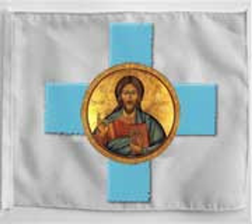 (Lá cờ của Đại úy Tziouvaras năm 1770, mặt bên kia ông đã thêm hình ảnh Đức Mẹ Đồng Trinh Maria. Lá cờ tương tự, không có hình Chúa Kitô, đã được Mavromichalai giương cao trong cuộc cách mạng do Nga khởi xướng năm 1769.Hình ảnh lá cờ của người Phanariotes ở Wallachia trong thời kỳ Ottoman chiếm đóng.Cờ của Thrace và Rumelia và các khu vực xung quanh Constantinople.Năm 1665, anh em nhà Kallergis đã thêm vào huy hiệu của họ, gồm năm sọc xanh và bốn sọc trắng, hình chữ thập trắng trên nền xanh với dòng chữ "trong chiến thắng này".)