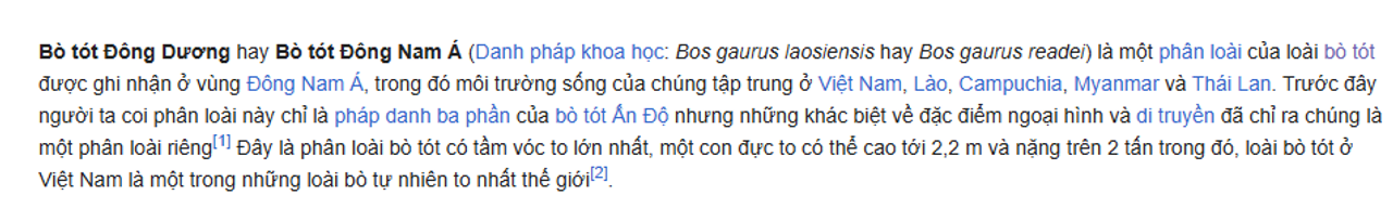 Thông tin về bò tót Đông Dương trên Wikipedia