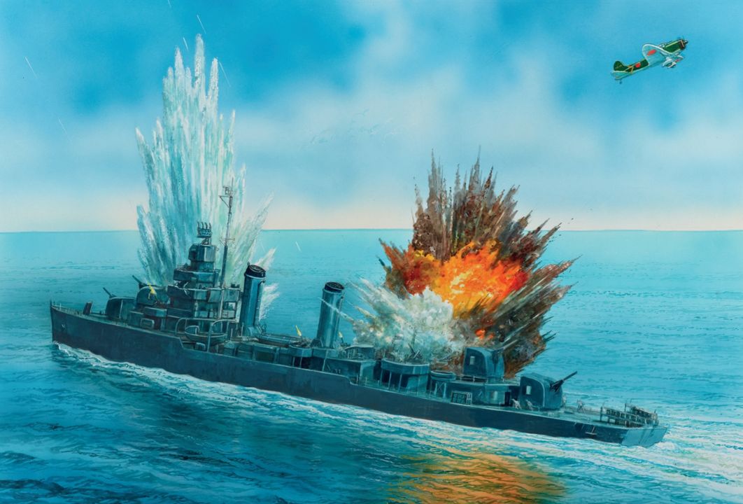 Đợt không kích tập trung đầu tiên của Chiến dịch I-Go do Yamamoto phát động được tiến hành nhằm vào các tàu thuyền ngoài khơi Guadalcanal vào ngày 7 tháng 4. Tổng cộng, 157 máy bay tiêm kích Zero và 67 máy bay bổ nhào được sử dụng trong hai đợt tấn công. Đợt thứ nhất gồm các Zero và Val thuộc Hạm đội Không quân 11, cùng với máy bay từ tàu sân bay Zuikaku; đợt thứ hai bao gồm máy bay từ các tàu sân bay Hiyo và Junyo. Đáp lại, phía Mỹ tung lên 36 F4F, chín F4U, sáu P-40, 12 P-38 và 13 P-39; trong số này, 56 chiếc đã tiếp xúc với lực lượng Nhật Bản. Một trận không chiến quy mô lớn đã bùng nổ và kéo dài từ quần đảo Russell xuống đến Iron Bottom Sound. Trong khi các máy bay tiêm kích giao chiến quyết liệt, các máy bay Val tiến hành tấn công vào số lượng lớn tàu thuyền Đồng Minh ngoài khơi Guadalcanal. Các máy bay bổ nhào thuộc đợt thứ nhất đã đánh chìm tàu hộ tống (corvette) Moa của New Zealand bằng hai quả bom, và đánh trúng tàu chở dầu Kanawha bằng thêm hai quả bom nữa. Đợt thứ hai gồm các máy bay bổ nhào từ Hiyo và Junyo tập trung tấn công tàu khu trục lớp Gleaves Aaron Ward ( trong minh hoạ), khi con tàu này đang hộ tống tàu đổ bộ LST-449 đang đầy tải ngoài khơi Koli Point, Guadalcanal. Tàu khu trục bất ngờ phát hiện ba chiếc Val lao xuống từ hướng mặt trời, lập tức khai hỏa bằng các pháo 20mm, 40mm và 127mm (5 inch), đồng thời bẻ lái gấp sang mạn trái. Trong lần này, các cuộc bổ nhào của Nhật Bản có độ chính xác chết người. Chiếc Val thứ nhất gây ra một cú nổ sượt, làm ngập buồng nồi hơi phía trước; chiếc thứ hai đánh trúng trực tiếp bằng quả bom nặng 551 pound vào phòng máy; chiếc cuối cùng gây thêm một cú nổ sượt khác, tạo ra tình trạng ngập nước bổ sung ở mạn trái phía đuôi. Một tốp ba máy bay bổ nhào khác tiếp tục lao vào, nhưng không chiếc nào ghi được phát trúng. Cuộc tấn công khiến 20 người thiệt mạng, 59 người bị thương, và bảy người mất tích. Việc ngập nước trên Aaron Ward không thể khống chế được, và con tàu bị chìm vào buổi tối cùng ngày. (Tranh của Peter Dennis)