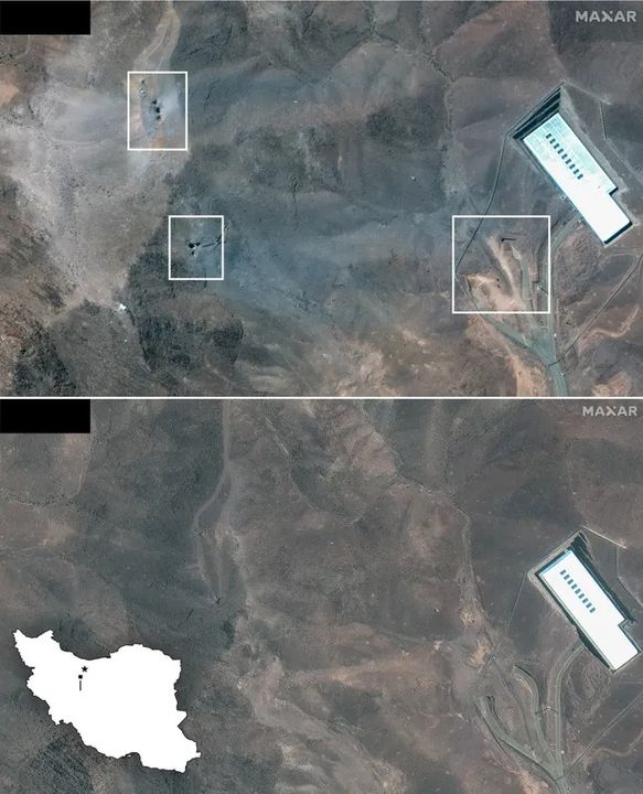 Ảnh vệ tinh tại căn cứ Fordow hôm 22/6 (ảnh trên) và hôm 19/6 (ảnh dưới).