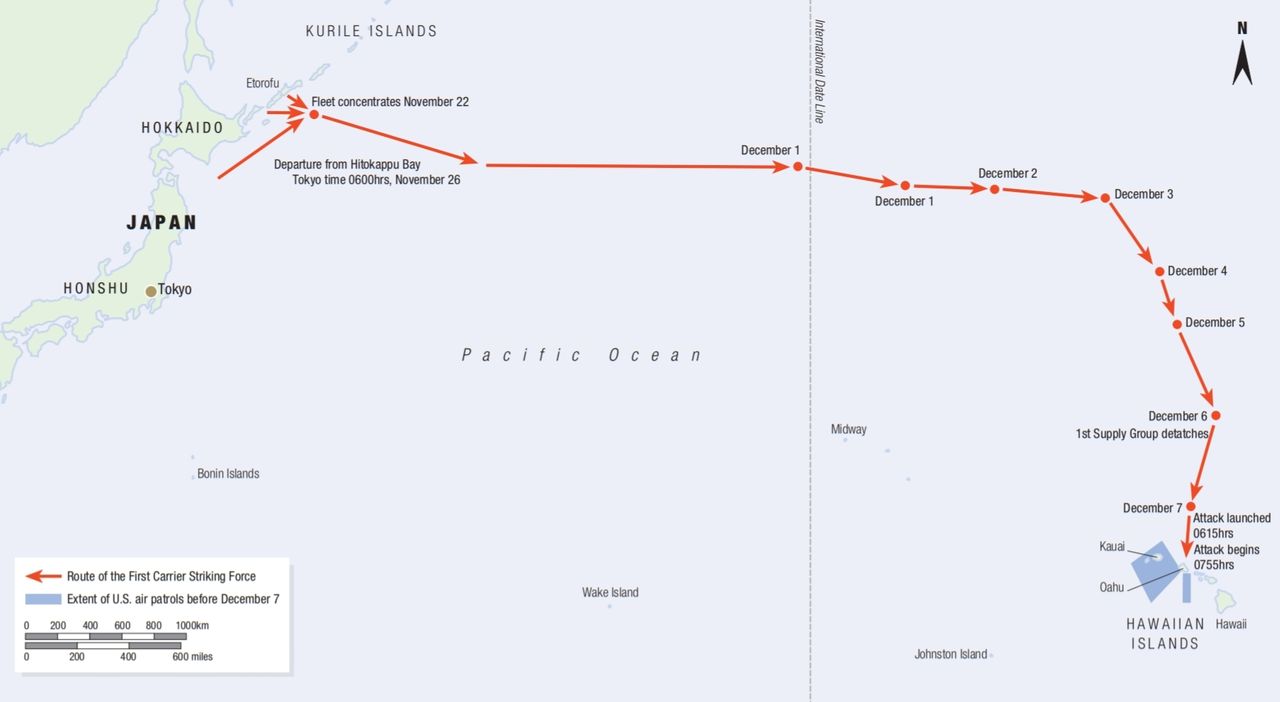 Lộ trình của lực lượng tàu sân bay Nhật Bản đến tập kích Trân Châu cảng tháng 12 năm 1941
