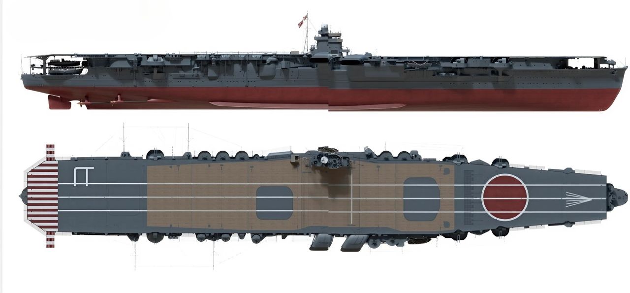 Hirỹu trong trận Midway. Bộ điều khiển hỏa lực trên đỉnh cấu trúc thượng tầng đã được sơn trắng. Nhằm mục đích nhận dạng từ trên không, một vòng tròn đỏ Hinomaru cỡ lớn có viền trắng đã được sơn trên sàn bay. Cờ hiệu của Chuẩn Đô đốc Yamaguchi được kéo lên trên cột buồm.