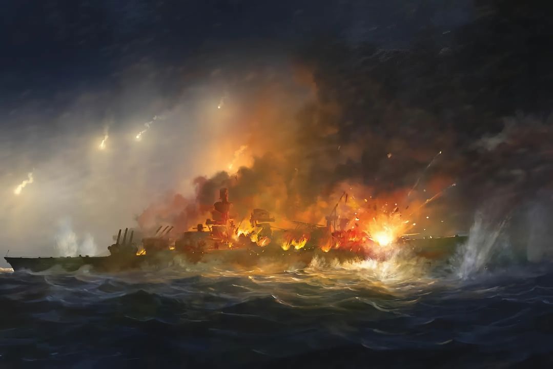 Tình hình lúc khoảng 19 giờ 30 được mô tả như sau: Scharnhorst đang bốc cháy dữ dội, sau khi trúng nhiều phát đạn pháo vào phần thượng tầng. Tàu cũng nghiêng nhẹ sang phải, do trúng ba quả ngư lôi ở mạn đó. Ở phía bắc, tàu tuần dương hạng nhẹ Belfast đang bắn pháo cỡ 6 inch vào Scharnhorst và vừa phóng một loạt ngư lôi. Tàu Jamaica cũng làm tương tự. Ở phía đông, các khu trục hạm đang chia thành hai nhóm để chuẩn bị phóng ngư lôi vào chiếc thiết giáp hạm đã bị tê liệt. Cú đánh cuối cùng đến từ những đợt ngư lôi này, cùng với loạt ngư lôi thứ hai từ Jamaica – chúng khiến Scharnhorst lật úp về phía mạn phải và bắt đầu chìm ngay lập tức.(Tranh của Edouard Groult).