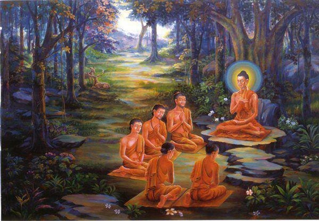 Đức Phật thuyết giảng giáo lý cho 5 vị Tôn giả đầu tiên sau khi Ngài nhập Niết bàn