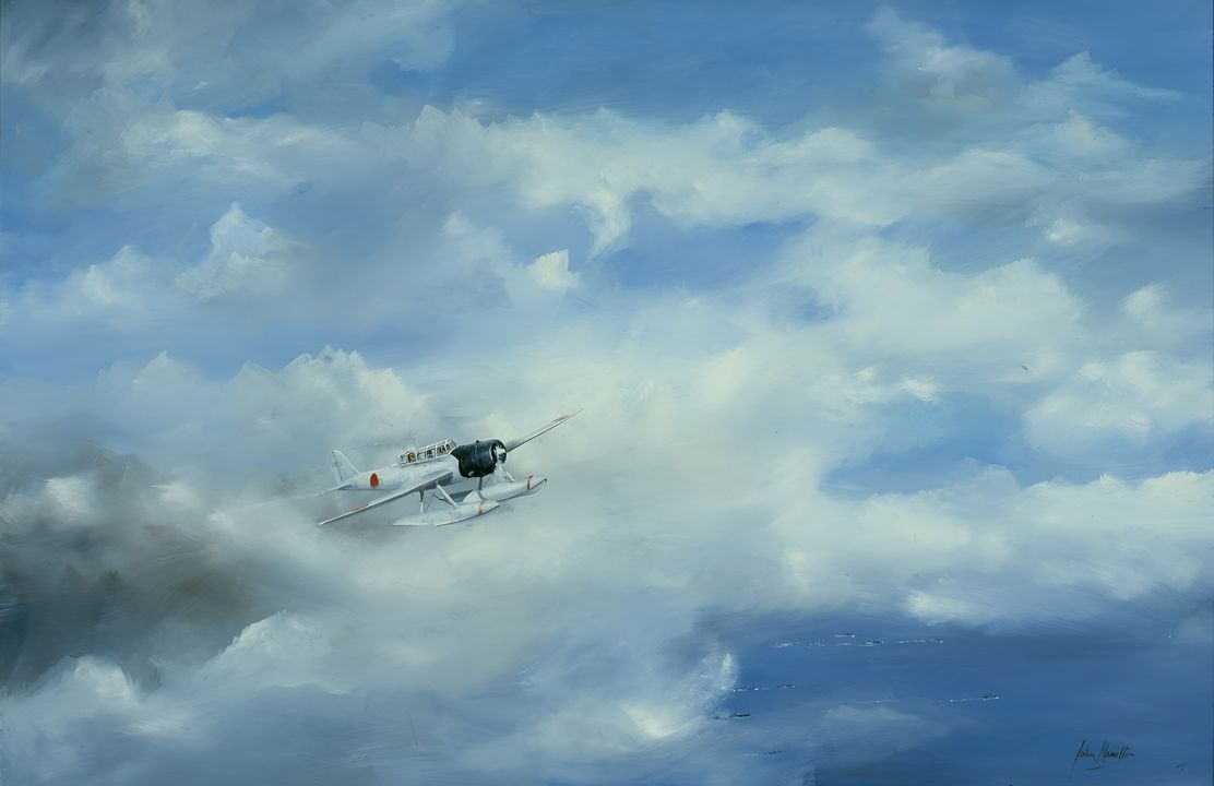 Một thủy phi cơ E13A "Jake" của Kido Butai đang tìm kiếm trong vô vọng các tàu sân bay, tàu khu trục và tàu tuần dương của Mỹ đóng gần quần đảo Midway. Nagumo đã đặt nền móng cho thảm họa từ rất lâu trước sáng ngày 4 tháng 6. Kế hoạch trinh sát mà ông phê chuẩn đã định hình toàn bộ các diễn biến của buổi sáng hôm đó. Mặc dù trận chiến tàu sân bay đầu tiên trong lịch sử chỉ mới diễn ra một tháng trước đó, nhưng nó đã cho thấy rõ tầm quan trọng sống còn của việc phát hiện đối phương trước. Khi các tàu sân bay Mỹ buộc phải tiếp cận ở cự ly gần với Kido Butai để có thể phóng các đợt tấn công, thì sự thất bại của hoạt động trinh sát phía Nhật đã trở thành một yếu tố then chốt của trận đánh. (Tranh của John Hamilton)