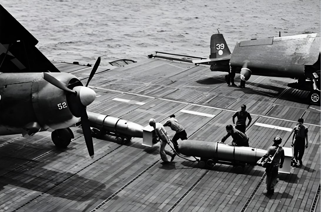 Các quân nhân khí tài hàng không đang đẩy những quả ngư lôi Mark 13 trên boong bay của Hornet để nạp cho các TBF-1C (ngoài khung hình) của VT-2 trong nhiệm vụ “Mission Beyond Darkness”, thực hiện ngày 20 tháng 6 năm 1944. (US Navy)