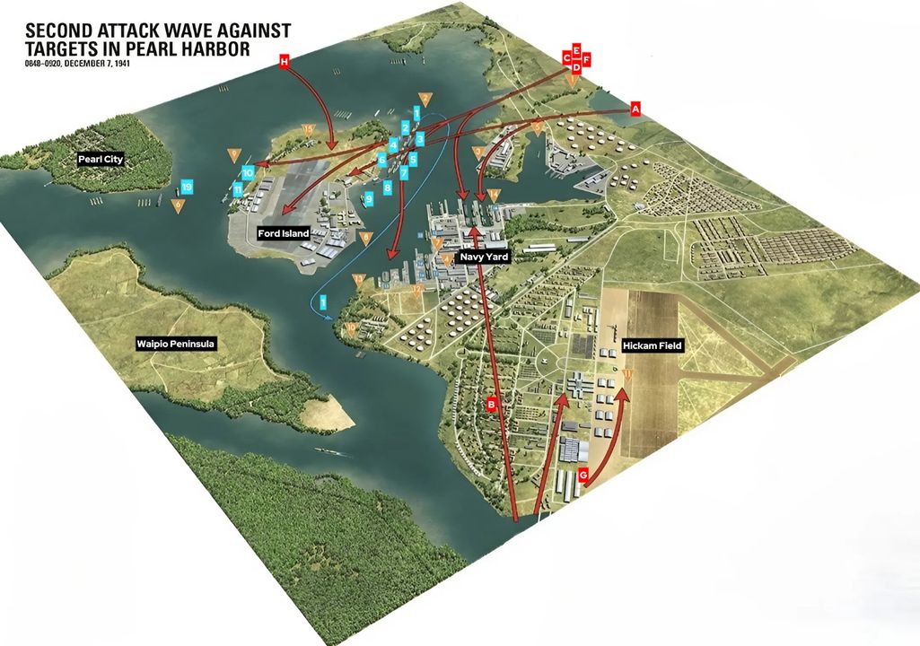 Bản đồ về đợt tấn công thứ hai vào Trân Châu Cảng từ lúc 08 giờ 48 phút - 09 giờ 20 phút.