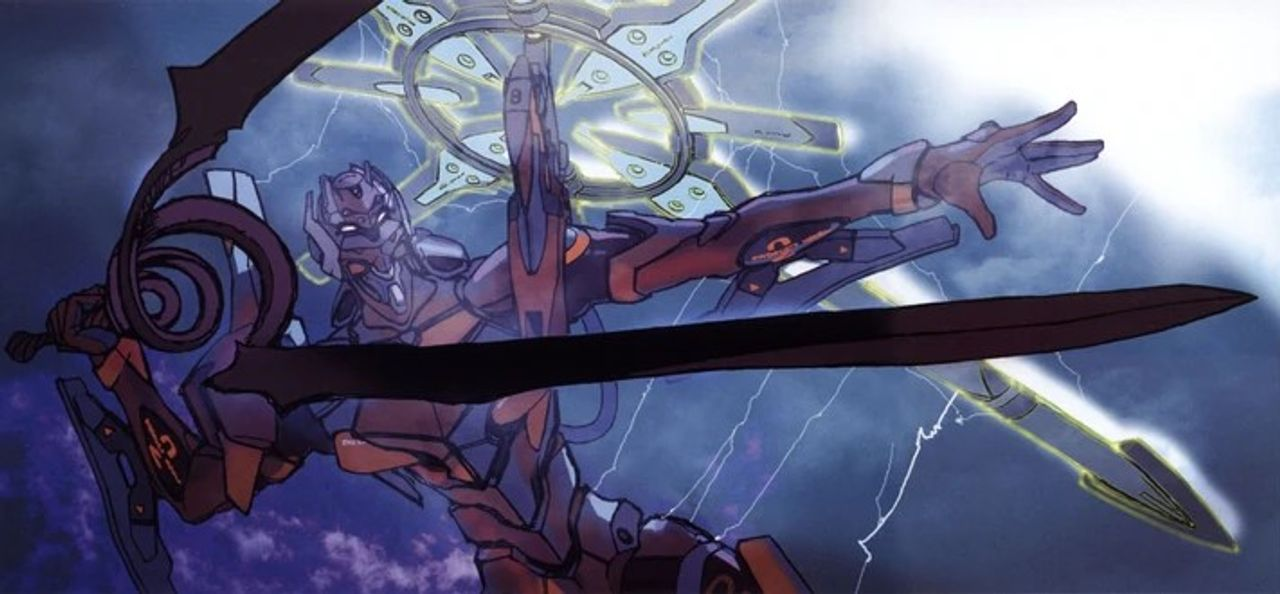 Nguồn: Evangelion Unit-02 với ăng-ten chỉnh lưu và ngọn giáo Longinus