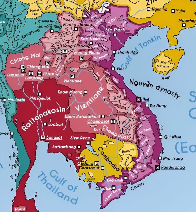 Bản đồ về Xiêm (màu đỏ) và Đại Nam (màu tím) cùng các vùng ảnh hưởng của mình năm 1821. (Nguồn: The Dragon Historian)