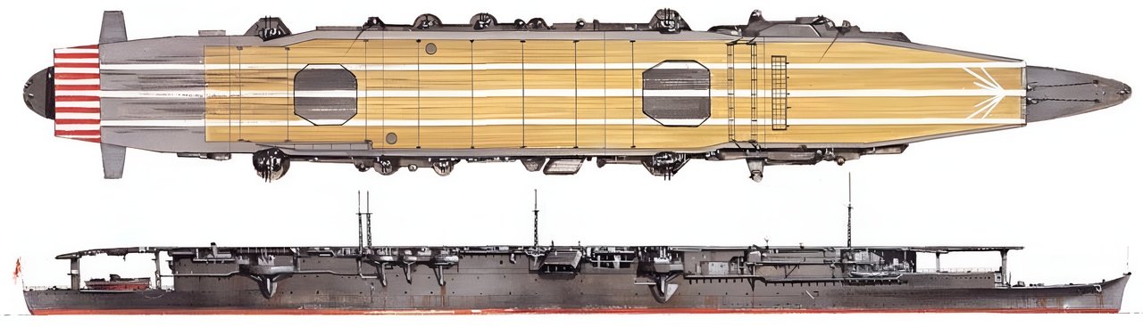 Shōhō vào tháng 5 năm 1942, ngay trước khi con tàu bị đánh chìm. Có thể nhận thấy kiểu dáng điển hình của tàu sân bay hạng nhẹ, với sàn bay phẳng suốt và ống khói hướng xuống dưới ở mạn phải.