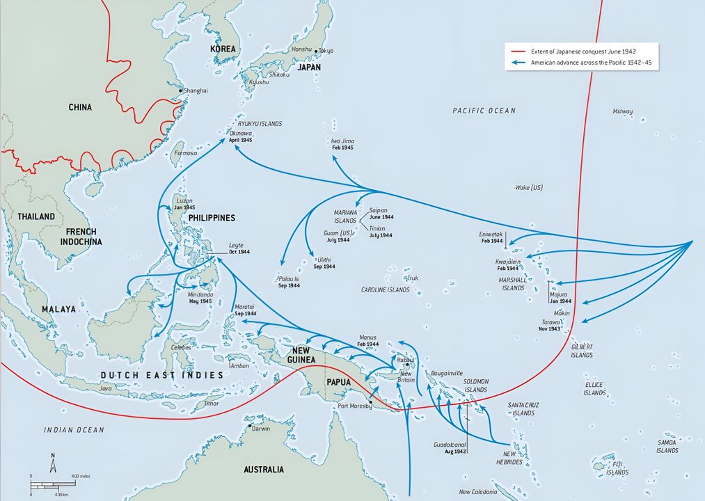 Bản đồ về các cuộc tiến công của quân Đồng minh tại Mặt trận Thái Bình Dương trong năm 1943 - 1945.