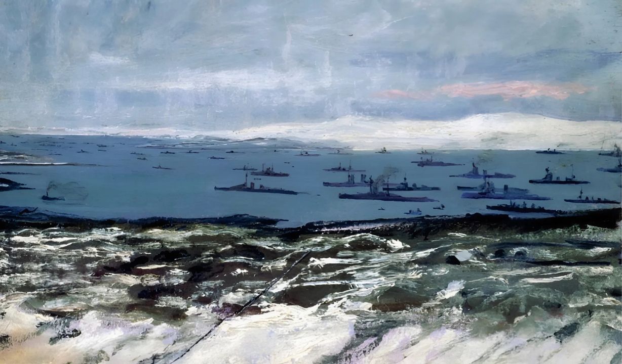 Một góc nhìn về Đại Hạm đội đang neo tại Scapa Flow vào tháng 12 năm 1917. Hạm đội thiết giáp neo tại khu neo chính, gần điểm quan sát trên đảo Flotta, trong khi các tàu nhỏ hơn ở phía xa được neo ngoài khơi đất liền Orkney, gần Houton. (tranh sơn dầu của Sir John Lavery)