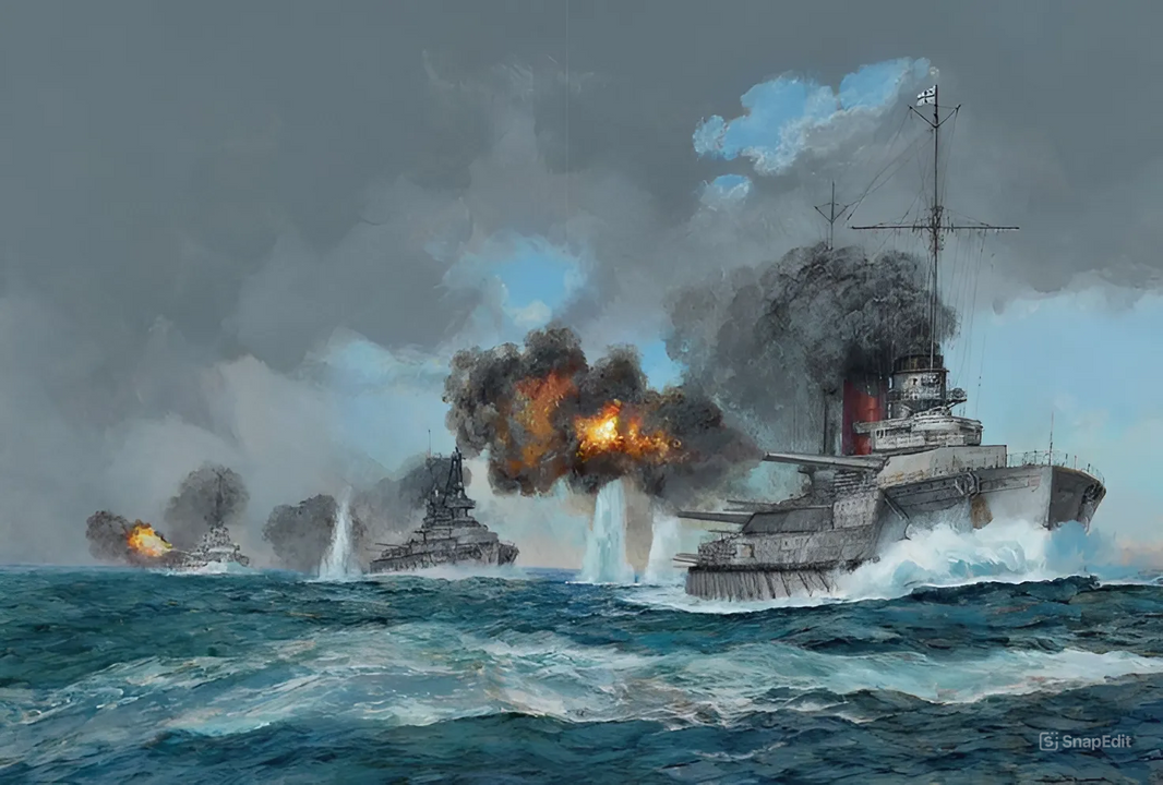 Trận Dogger Bank nhanh chóng biến thành một cuộc truy kích từ phía sau, khi các thiết giáp tuần dương hạm của Beatty đuổi theo lực lượng Đức đang rút lui. Cảnh tượng này mô tả tình hình vào khoảng 10 giờ 30 phút sáng, thời điểm mà hai lực lượng thiết giáp tuần dương ở vào vị trí gần như song song nhau. Dẫn đầu hàng tàu Đức là Seydlitz, tiếp theo là Moltke, rồi đến Derfflinger, và cuối cùng là tuần dương bọc thép Blücher (nằm ngoài khung hình). Các tàu Đức đều di chuyển với tốc độ cao, vì vậy khói dày đặc từ ống khói của chúng đều được hiện rõ. Cả ba tàu chiến Đức đều đang nổ súng về phía các tàu Anh, lúc này nằm ở góc mạn phải phía sau của chúng. (Paul Wright)