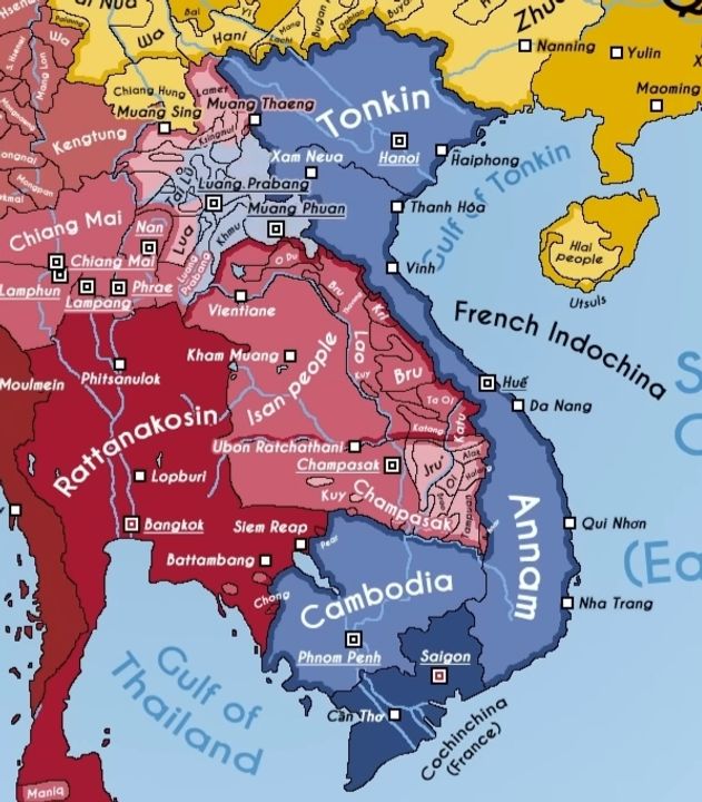 Bản đồ về Xiêm (màu đỏ) và Đông Dương thuộc Pháp (màu xanh dương) cùng các vùng ảnh hưởng của mình năm 1890. (Nguồn: The Dragon Historian) 