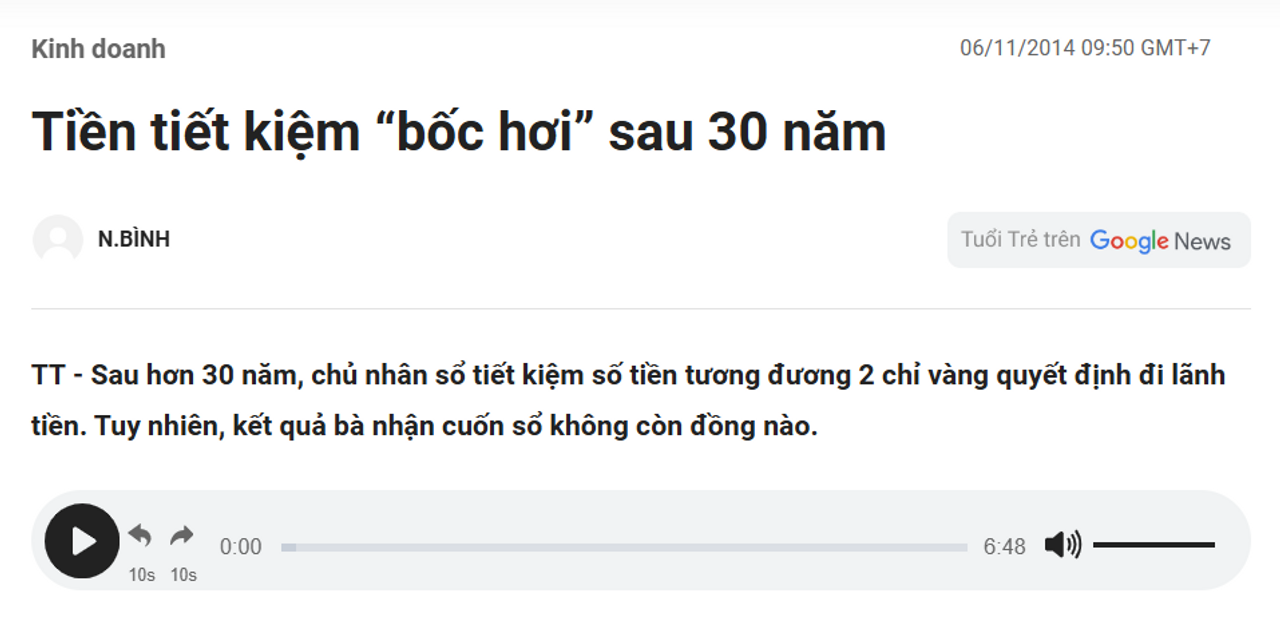 Bài báo được đăng vào cuối 2014, nhan đề "... sau 30 năm". Hãy ước tính khoảng thời gian người chủ sổ tiết kiệm đã "gửi tiền tự nguyện".
