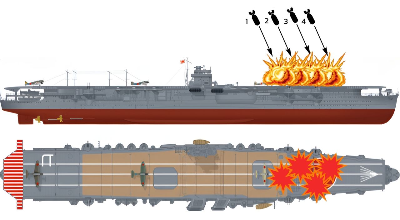 Thiệt hại của Hiryu trong ngày 4 tháng 6 năm 1942 gồm 4 quả bom. Quả bom (1) (là bom 500lb hoặc cũng có thể là 1000lb) do Richard Jaccard (VS-6) thả. Quả bom (2) do Richard DeWitt Shumway (VB-3) thả,. Quả bom (3) do Richard Halsey "Dick" Best (VB-6) thả. Quả bom (4) do Norman "Dusty" Kleiss (VS-6) thả. Tất cả đều thả ở mũi tàu và quanh khu vực sơn biểu tượng Mặt Trời đỏ lớn. (Minh hoạ của người dịch)