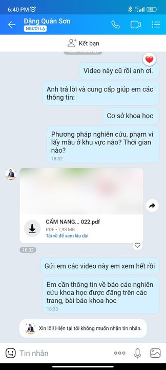 Ảnh 3: "Chuyên gia giáo dục" tự xưng tên Quân Sơn chặn tin nhắn, không giải thích được các thắc mắc của nhân viên về cơ sở của các tài liệu khoa học, bằng chứng cần cung cấp. Thử hỏi, đến nhân viên của tổ chức còn không được cung cấp thông tin minh bạch và đầy đủ, liệu rằng khách hàng có được cung cấp hay không?