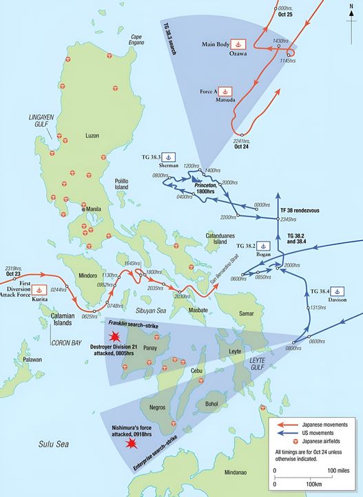 Trận chiến vịnh Leyte, trước đây còn có tên là "Trận biển Philippine lần thứ hai", được xem là trận hải chiến lớn nhất của Thế Chiến II cũng như là một trong những trận hải chiến lớn nhất lịch sử. Đây cũng là lần đụng độ cuối cùng của lực lượng tàu sân bay hai bên. Lực lượng chủ lực của Đô đốc Ozawa bao gồm bốn tàu sân bay: Zuikaku (chiếc cuối cùng còn sống sót trong số sáu tàu sân bay tấn công Trân Châu Cảng năm 1941), các tàu sân bay hạng nhẹ Zuihō, Chitose và Chiyoda với tổng số máy bay mang theo là 116 chiếc (chỉ tương đương với số máy bay mà một con tàu trong lớp Essex của Mỹ mang theo) sẽ phải đối đầu với một lực lượng tàu sân bay áp đảo của TF 38 (gồm 5 tàu sân bay hạm đội: Intrepid, Franklin, Lexington, Enterprise và Essex; 5 tàu sân bay hạng nhẹ: Independence, Belleau Wood, Langley, Cabot và San Jacinto với tổng số máy bay từ 600 đến 1000 chiếc). Dù tàu sân bay Mỹ và Nhật đối đầu trực tiếp lần cuối cùng trong trận chiến vịnh Leyte, thì khó có thể gọi đây là một trận đánh tàu sân bay. Lực lượng tàu sân bay Nhật Bản dưới Ozawa chỉ là một lực lượng mồi nhử theo kế hoạch Sho-Go 1 của Nhật. Hầu hết máy bay từ các tàu sân bay này đã được chuyển đi nơi khác (chủ yếu để hỗ trợ lực lượng mặt đất trên Philippines hoặc các trận trước đó). Chúng cũng không có khả năng tiến hành các đợt không kích nhằm thiệt hại cho đối phương được nữa. Cũng như tính chất một chiều của nó khi trong trận này, người Mỹ chỉ đơn giản là săn lùng và tiêu diệt một lực lượng tàu sân bay Nhật đã bị tước mất sức mạnh không quân từ thời đỉnh cao của mình.