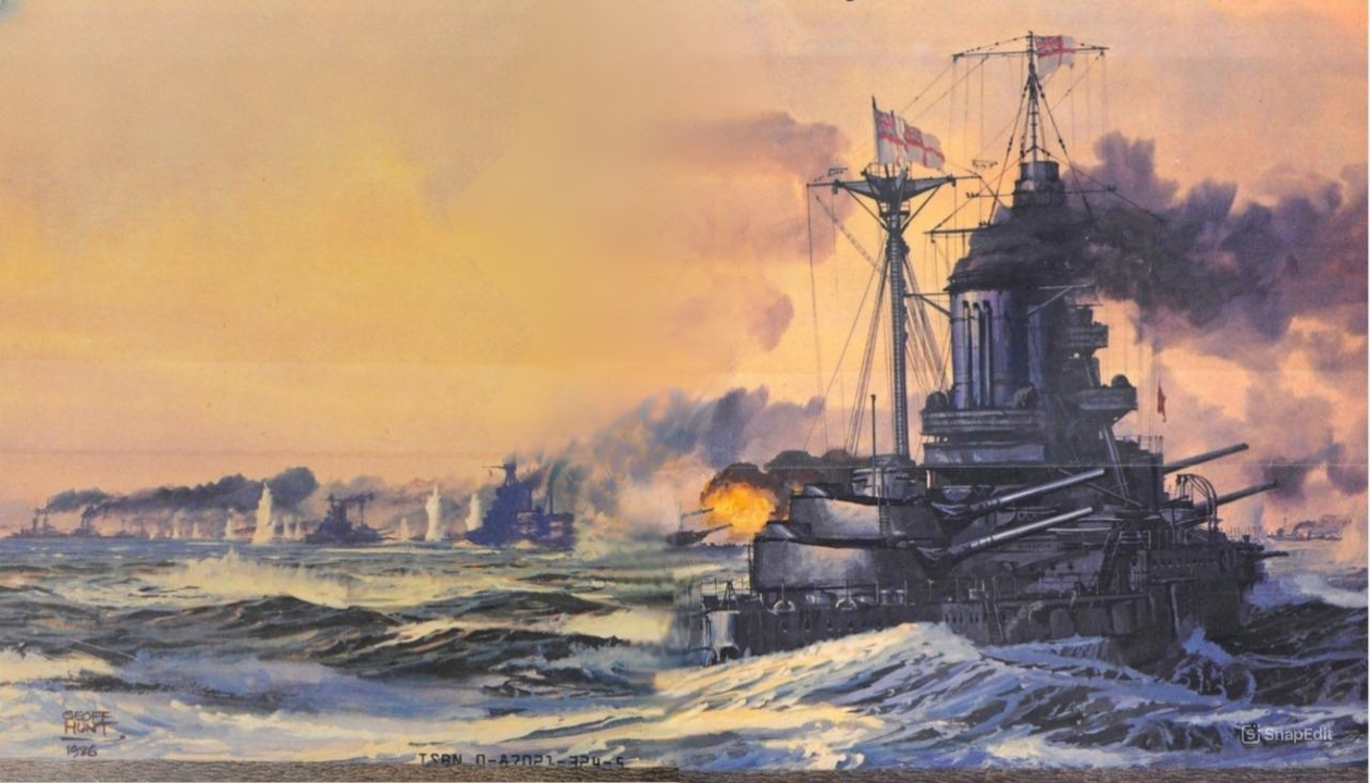 Hải đoàn Thiết giáp hạm số 5 vào khoảng 18 giờ 20 phút, khi Warspite bị kẹt bánh lái bắt đầu quay ra khỏi đội hình. (Tranh của Geoff Hunt)