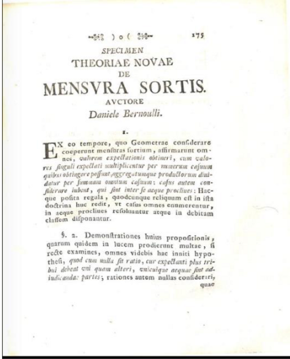 Trang đầu của cuốn Specimen Theoriae Novae de Mensura Sortis được đăng lạinăm 1738 trong Annals của Viện Hàn Lâm Saint-Petersburg.