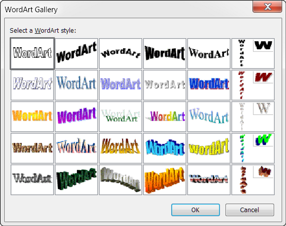 <i>Hình 5. Danh sách các kiểu chữ nghệ thuật mặc định phiên bản MS Office 2003, 2007</i>