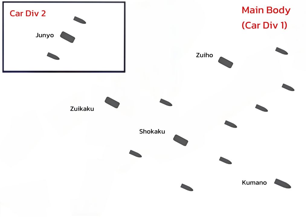 Đội hình của lực lượng tàu sân bay Nhật trong ngày 26 tháng 10 năm 1942. Hải đội Tàu sân bay 1 (Shokaku, Zuikaku và Zuiho) nằm trong Lực lượng Chủ lực (Main Body) và Hải đội Tàu sân bay số 2 (gồm Junyo và Hiyo, riêng Hiyo bị rút khỏi đội hình đó sự cố hoả hoạn) nằm trong Lực lượng Tiến công.