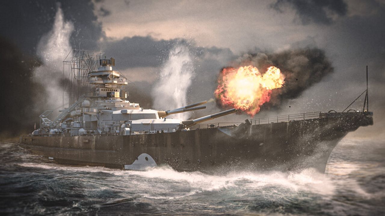 Bismarck khai hỏa pháo 15in trong trận chiến. Phát bắn thứ năm vào luc 5:59 sáng đã trúng vào kho đạn của Hood và gây phát nổ bẻ đôi tàu thiết giáp tuần dương của Anh, gây nên thảm họa và dẫn đến áp đảo hỏa lực con tàu còn sót lại là thiết giáp hạm Princes of Wales trong trận chiến. (Tranh của Ian Palmer)