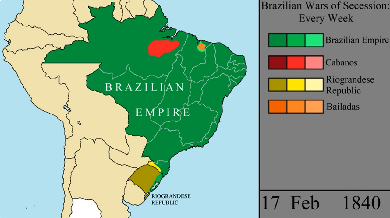 - Các cuộc nổi loạn lớn ở Brazil vào năm 1840, khi ông lên ngôi. Có thể nói việc Brazil giữ được toàn vẹn lãnh thổ, thay vì sụp đổ như các thuộc địa của Tây Ban Nha láng giềng, là một điều thần kì.