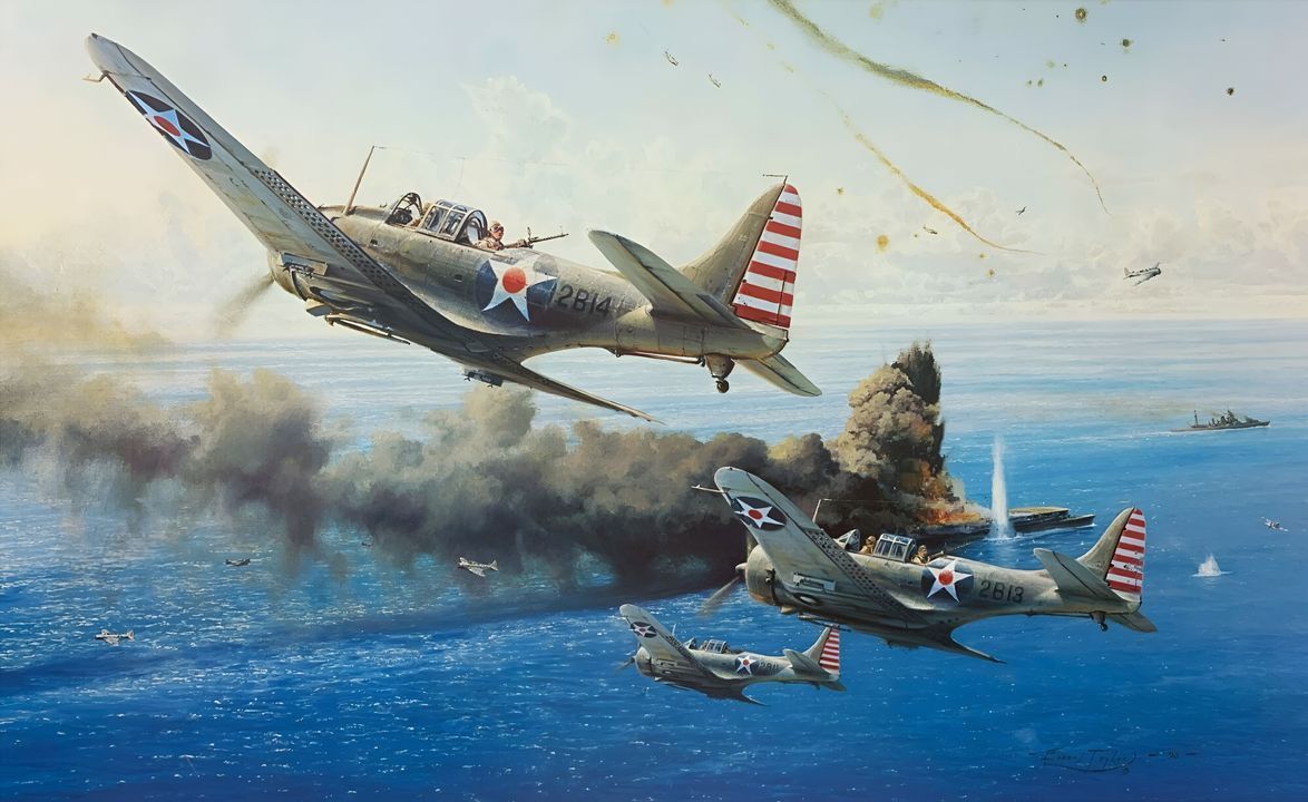 Trong lúc đợt tấn công của không đoàn của tàu Lexington đang diễn ra, 25 chiếc máy bay SBD Dauntless từ Phi đội trinh sát số 5 và Phi đội ném bom số 5 của tàu sân bay USS Yorktown (CV-5) đã tiếp bước và dồn hết hoả lực vào con tàu đang hấp hối (Tranh của Robert Taylor)