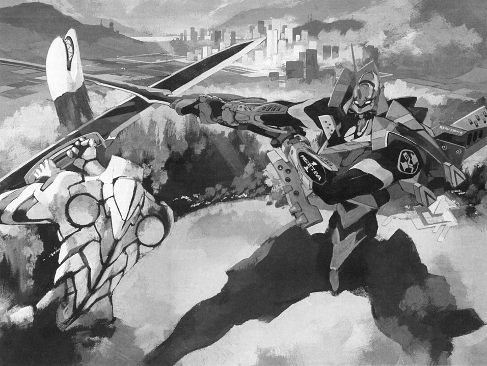 Eva-01 Type-F chiến đấu với Eva sản xuất hàng loạt. Nguồn: Evangelion 