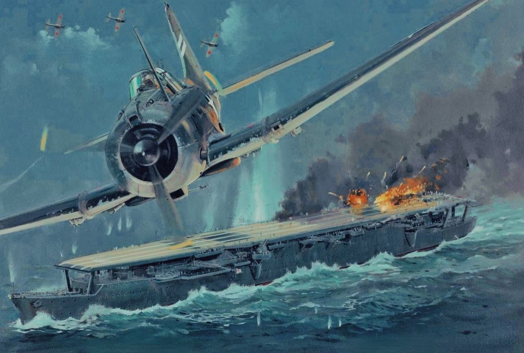 Đòn tấn công đầu tiên của trận chiến được thực hiện bởi một cặp máy bay ném bom bổ nhào Dauntless thuộc tàu sân bay Enterprise đang làm nhiệm vụ trinh sát. Được cảnh báo bởi báo cáo ban đầu về các tàu sân bay đối phương từ một cặp máy bay ném bom bổ nhào khác của Enterprise, Trung úy Stockton Strong và Thiếu úy Charles Irvine đã hướng về phía tây nam đến vị trí các tàu sân bay Nhật Bản. Họ tránh được sự phát hiện của radar và lực lượng CAP của Nhật, rồi bổ nhào xuống một mục tiêu mà họ nhận dạng là một tàu sân bay lớp Shokaku vào lúc 07 giờ 40 phút. Cặp máy bay này đã hoàn toàn gây bất ngờ và bắt đầu cắt bom từ độ cao 14.000 feet. Mục tiêu thực tế của họ là tàu sân bay hạng nhẹ Zuiho, đang di chuyển cách tàu Shokaku vài dặm về phía mạn trái. Strong đã đặt quả bom 500 pound của mình trúng vào phần sau sàn bay của Zuiho. Hai chiếc Dauntless đã sống sót qua các đợt tấn công của ba máy bay Zero từ tàu sân bay Zuikaku suốt 45 dặm vượt ra ngoài lực lượng đặc nhiệm Nhật Bản, và một xạ thủ súng máy đuôi của Dauntless đã bắn hạ một trong những chiếc Zero. Zuiho sẽ sống sót sau các đám cháy bùng phát, nhưng nó đã bị loại khỏi trận chiến. Chỉ huy của tàu Enterprise rất ấn tượng với chiến tích này đến mức đã đề nghị tặng thưởng Huân chương Danh dự cho Strong. (Tranh của Howard Gerrard)