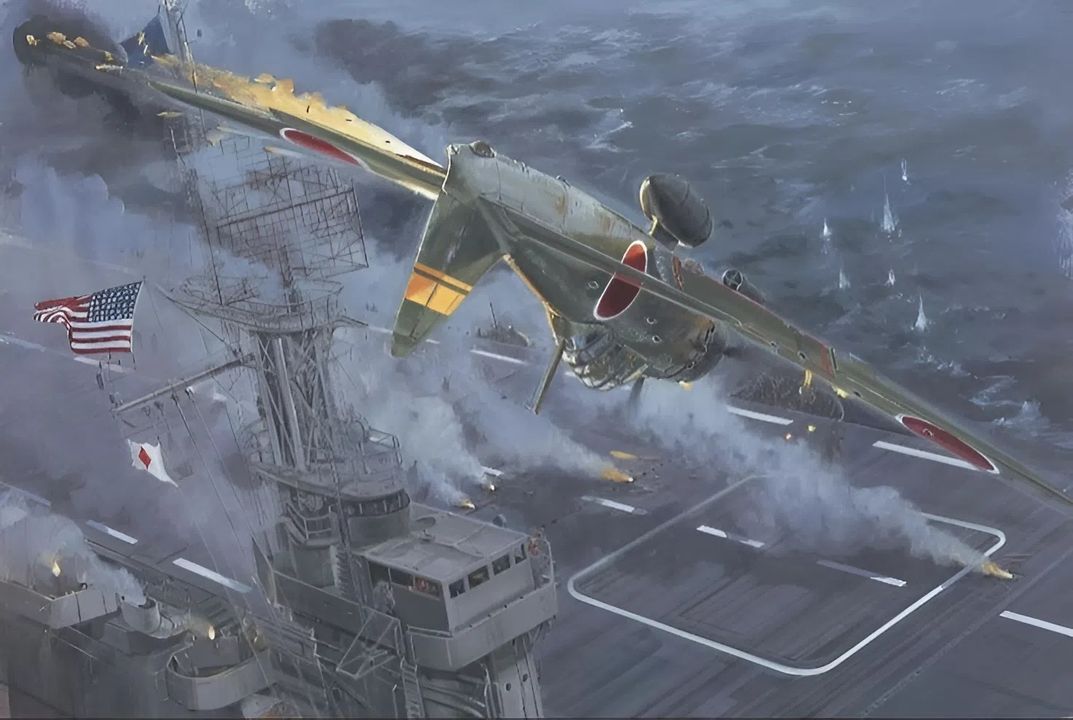 Lúc 07 giờ 40 phút, ngay cả khi Taffy 3 vẫn đang giao tranh dữ dội, các tàu thuộc Taffy 1 của Chuẩn Đô đốc T.L. “Tommy” Sprague, cách đó khoảng 130 dặm, đã bị sáu máy bay địch tại chỗ lao xuống cảm tử. Một chiếc đánh trúng Santee và một chiếc khác đánh trúng Suwannee, cả hai đều là tàu sân bay hộ tống. Đến 10 giờ 40 phút, khi Kurita đã rút quân về phía bắc, Taffy 3 vốn đã bị tổn thất nặng nề đang rút lui về phía nam thì bị năm máy bay địch khác tấn công, một lần nữa tìm cách lao vào tàu. Chỉ có hai chiếc thành công, cả hai đều đánh trúng St. Lo, gây ra những đám cháy cuối cùng dẫn đến sự phá hủy của nó. Chiếc còn lại nhắm vào CVE Kitkun Bay, như được minh họa ở đây. Theo lịch sử chính thức, USS Kitkun Bay, soái hạm của Đô đốc Ofstie, là tàu hứng chịu đợt tấn công đầu tiên. Một chiếc Zeke, băng ngang mũi tàu từ mạn trái sang mạn phải, leo cao, lộn vòng và lao thẳng vào khu vực cầu chỉ huy, vừa bắn rải. Nó trượt qua đảo chỉ huy, bay qua cấu trúc thượng tầng, đâm vào lối đi bên mạn trái rồi rơi xuống biển, nhưng quả bom mà nó mang theo phát nổ, gây ra thiệt hại đáng kể. (Tranh của Howard Gerrard)