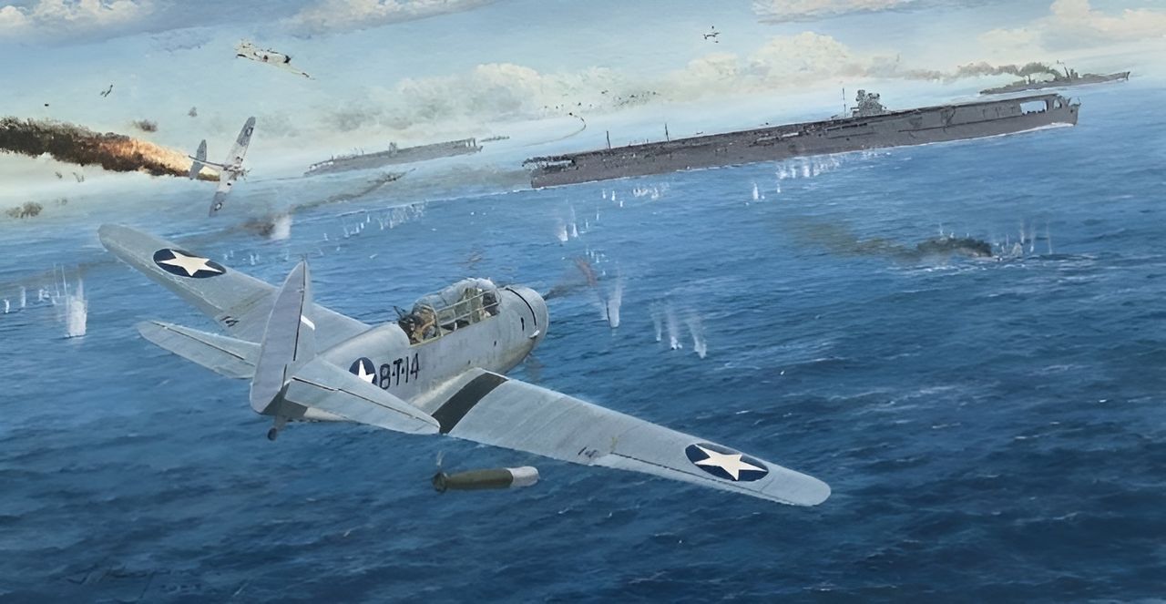 Người Nhật tuyên bố rằng CAP của họ bắt đầu giao chiến với mối đe dọa ngư lôi lúc 09 giờ 23 phút. Vào lúc bắt đầu cuộc tấn công, CAP Nhật bao gồm 18 máy bay tiêm kích ở trên không. Lực lượng này nhanh chóng được tăng cường. Lúc 09 giờ 20 phút, Kaga phóng lên 6 chiếc Zero, tiếp theo là 5 máy bay tiêm kích từ Akagi lúc 09 giờ 32 phút, và thêm 4 chiếc nữa lúc 09 giờ 37 phút. Những gì diễn ra sau đó với các máy bay ngư lôi không khác gì một cuộc tàn sát. Trong trường hợp này, hệ thống phòng không của hạm đội Nhật đã hoạt động tốt như mong đợi. Máy bay địch tiếp cận được các tàu hộ tống phát hiện sớm, và có rất nhiều máy bay tiêm kích trên không để đối phó với mối đe dọa. Có tới 21 chiếc Zero hướng về phía 15 máy bay của Waldron. Và đây không phải là những chiếc Zero bình thường – chúng được điều khiển bởi một số phi công ưu tú nhất của Hải quân Đế quốc Nhật. Ngược lại, những chiếc Devastator thì không có máy bay tiêm kích hộ tống và chỉ có thể bay khoảng 100 hải lý/giờ khi mang theo ngư lôi. Để làm cho nhiệm vụ của Waldron thêm khó khăn, Nagumo ra lệnh cho hạm đội quay về hướng tây, để mũi tàu về phía người Mỹ và làm cho đường tiếp cận của họ dài hơn. Theo người Nhật, 18 máy bay Mỹ đã tấn công. Hầu hết bị tiêu diệt bởi máy bay tiêm kích và pháo phòng không trước khi chúng kịp phóng ngư lôi. Bốn máy bay sống sót có thể phóng ngư lôi của chúng vào Soryu lúc 09 giờ 30 phút như trong minh hoạ ở trên, nhưng tất cả đều trượt. Bốn máy bay địch cuối cùng sau đó bị tiêu diệt. Đây là một tường thuật khá chính xác. Trong khoảng 15 phút, các chiếc Zero tiến hành các cuộc tấn công bổ nhào vào đội hình của Waldron từ phía trên và phía sau. Máy bay của Waldron bị trúng thùng nhiên liệu bên trái, bốc cháy và lao xuống biển. Ba chiếc Devastator tiếp cận đủ gần Soryu để buộc cô phải thực hiện động tác tránh né trước khi các chiếc Zero bắn hạ hai chiếc máy bay. Chiếc Devastator cuối cùng, do Thiếu úy George Gay lái, tiếp cận trong vòng 800 yard của Soryu và thả ngư lôi của nó phía mũi trái tàu sân bay. Nó trượt, và máy bay của Gay bị bắn hạ bởi các chiếc Zero vừa được phóng lên vội vã từ Akagi. Tất cả 15 chiếc Devastator của VT-8 bị phá hủy, với Gay là người sống sót duy nhất. Gay rơi xuống biển ngay giữa đội hình của Nagumo nhưng có thể thoát ra khỏi chiếc máy bay đang chìm và trốn dưới một tấm đệm ghế để tránh bị phát hiện. Ông được một thủy phi cơ Catalina giải cứu vào ngày hôm sau. VT-8 đã phải trả một cái giá khủng khiếp cho sự quyết tâm tấn công không có hỗ trợ của Waldron. Việc mất 15 máy bay và toàn bộ phi hành đoàn chỉ trừ một người không được đền bù bằng bất kỳ thiệt hại nào gây ra cho phía Nhật. (Tranh của Steven Heyen)