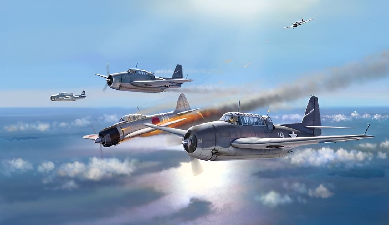 Trong trận Santa Cruz, một nhóm máy bay ném ngư lôi TBF Avenger của Hải quân Mỹ bị các tiêm kích Zero của Nhật tấn công khi đang trên đường tới mục tiêu. Một chiếc Zero bốc cháy lao xuyên qua đội hình, trong khi chiếc thứ hai thực hiện một lượt bắn. Bốn trong số 9 chiếc A6M2 Zero đã bị hạ bởi xạ thủ TBF và phi công F4F. Tuy nhiên, đồng thời trong trận không chiến này, đơn vị của Hidaka bị lạc hướng và mỗi shotai phải tự tìm đường quay trở lại. Bốn chiếc Zero (bao gồm toàn bộ shotai 2) do Thượng sĩ quan hạng 3 (PO3c) Shizuta Takagi (shotai 1), Trung úy cấp dưới (Lt(jg)) Shu-ichi Utsumi (shotai 2), Thượng sĩ quan hạng 1 (PO1c) Masao Kawasaki (shotai 2) và Thượng sĩ quan hạng 3 (PO3c) Zenpei Matsumoto (shotai 2) lái đã không trở về. Một hoặc hai chiếc A6M2 khác, có thể bao gồm cả chiếc của Trung úy Hidaka, bị hư hại nặng. Họ buộc phải quay về tàu sân bay của mình. (Tranh của Jim Laurier)