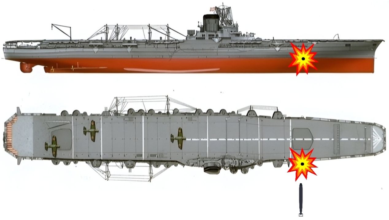 Thiệt hại của Taiho bao gồm một quả ngư lôi của Albacore đã đánh trúng tại khu vực ngang với thang nâng máy bay phía trước của tàu sân bay. Một quả ngư lôi thứ hai lẽ ra sẽ đánh trúng phía trước vị trí đó, nhưng Chuẩn úy Kumatsu Sakio, đang điều khiển một máy bay vừa cất cánh từ tàu, đã phát hiện ra các quả ngư lôi và hy sinh thân mình để chặn. Con tàu bị dẫu chỉ bị trúng một quả nhưng do những sai lầm và sự thiếu kinh nghiệm của đội ngũ sửa chữa thiết hại đã dẫn sự mất mát của con tàu 