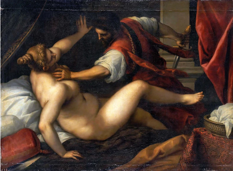 Sextus, con trai của Tarquin the Proud, đe dọa Lucretia bằng thanh kiếm của mình trong một bức tranh sơn dầu thế kỷ 16 của Palma the Younger.