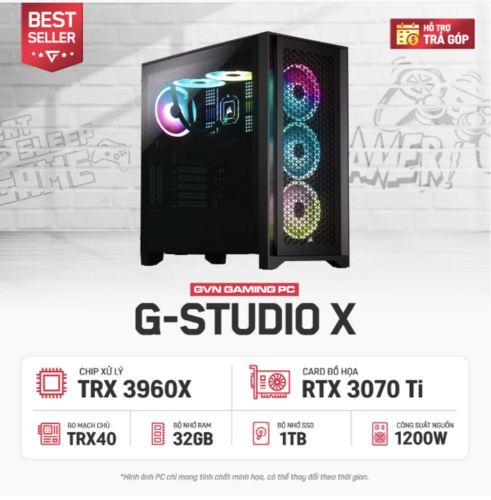 ( Với sức mạnh khủng khiếp từ CPU AMD Ryzen Threadripper 3960X một con quái vật thật sự của nhà AMD. Con quái vật mạnh mẽ được các nhà làm phim Hollywood tin tưởng chọn lựa vậy sao bạn không chọn chứ nhỉ. Không dừng lại ở một bộ não sáng suốt,  G-STUDIO X còn có cho mình một đôi mắt tinh tường với RTX 3070 Ti và một trái tim của mạnh mẽ của chiếc nguồn Corsair HX1200 - 80 Plus Platinum - Full Modular giúp bạn làm việc trong thời gian dài mà không lo tắt thở )
