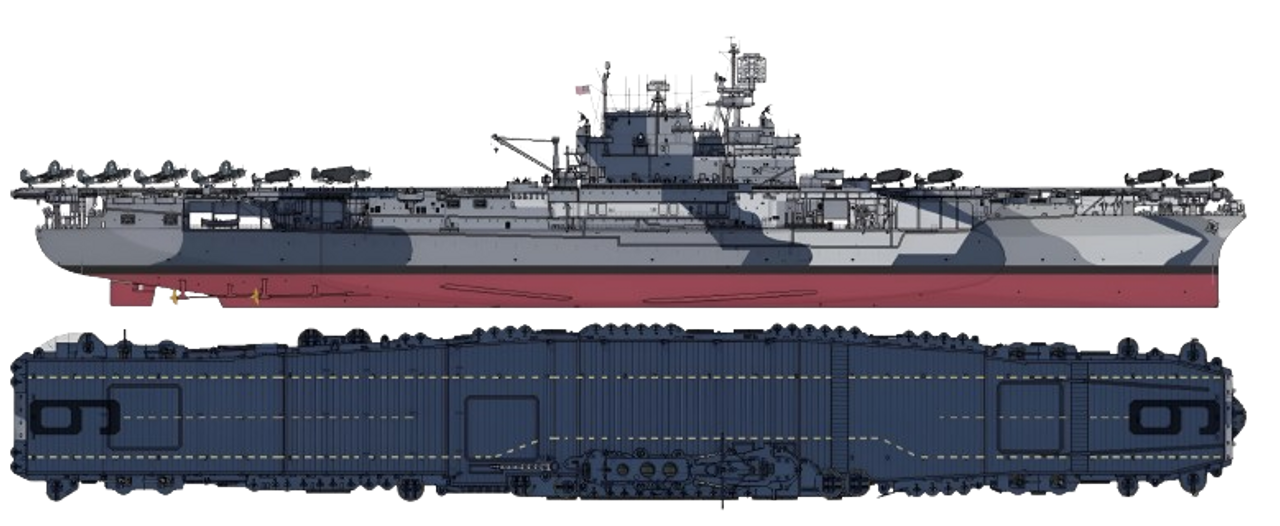 Enterprise (CV-6) vào mùa thu năm 1944. Con tàu vẫn giữ nguyên tám khẩu pháo đơn 5 inch/38 cal, đồng thời được bổ sung thêm sáu bệ pháo phòng không 40mm bốn nòng cùng với một số bệ pháo 40mm hai nòng. Enterprise được xem là tàu chiến có nhiều chiến công nhất trong lịch sử Hải quân Mỹ và nó đã tham gia cả năm trận chiến tàu sân bay ở Thái Bình Dương.