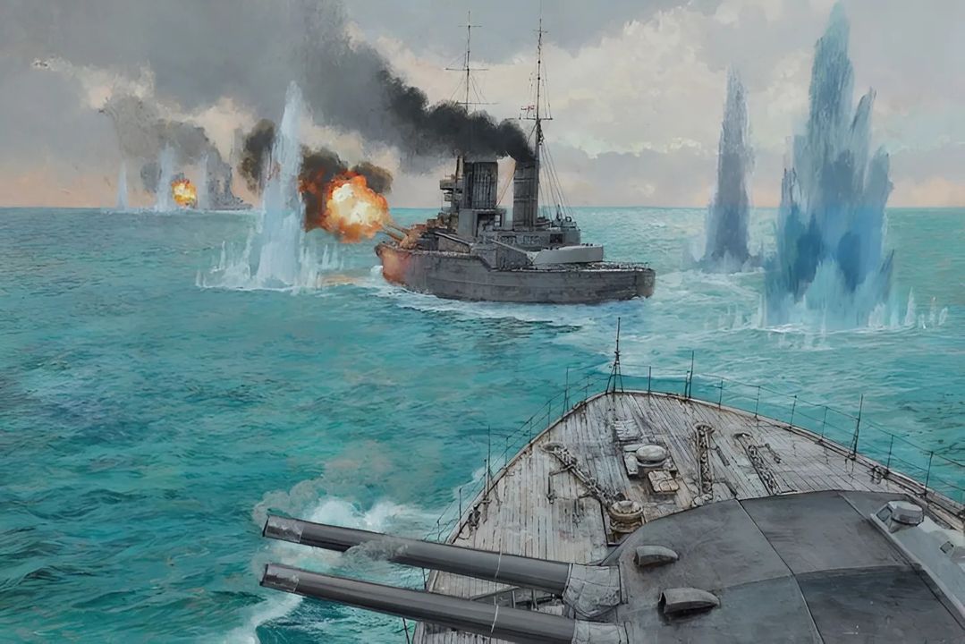 Cảnh tượng này mô tả Hạm đội thiết giáp tuần dương của Anh trong những khoảnh khắc mở đầu của trận Jutland. Beatty đang dẫn đầu các tàu thiết giáp tuần dương của mình tiến về phía nam nhằm chặn đường rút lui của quân Đức về căn cứ. Bắt đầu từ 15 giờ 48 phút, hai lực lượng thiết giáp tuần dương bắt đầu khai hỏa lẫn nhau. Trong cảnh này, lực lượng của Beatty – gồm Lion, Princess Royal, Queen Mary, Tiger (không xuất hiện trong khung hình) và New Zealand (không xuất hiện trong khung hình) – đang hành tiến với tốc độ tối đa. Khói từ các tàu Anh thổi về phía mạn phải, điều này sẽ gây trở ngại cho các khẩu đội pháo khi họ cố xác định tọa độ bắn. Princess Royal và Tiger đang trong quá trình khai hỏa loạt pháo mạn. Lion và Princess Royal đã bắt đầu chịu hỏa lực từ phía đối phương. (Paul Wright)